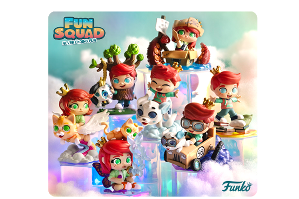 Funko Fun Squad full collection lifestyle image with clouds colorful clouds and iridescent product stands